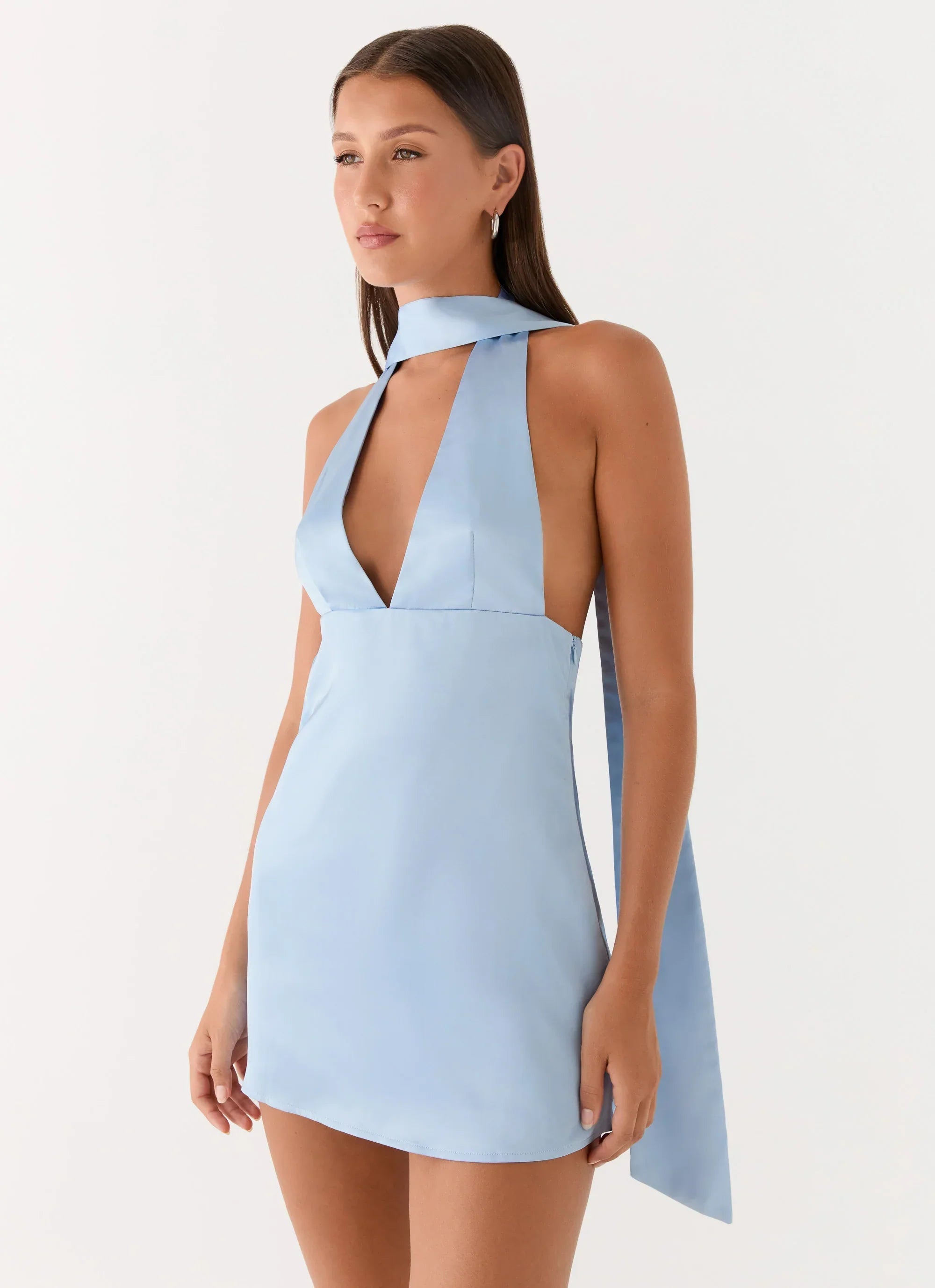 Alicia Satin Halter Mini Dress - Pale Blue