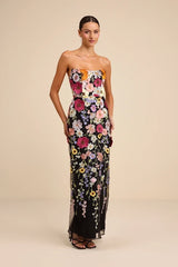 Macario Black Multi 3D Floral Embroidered Strapless Maxi Dress