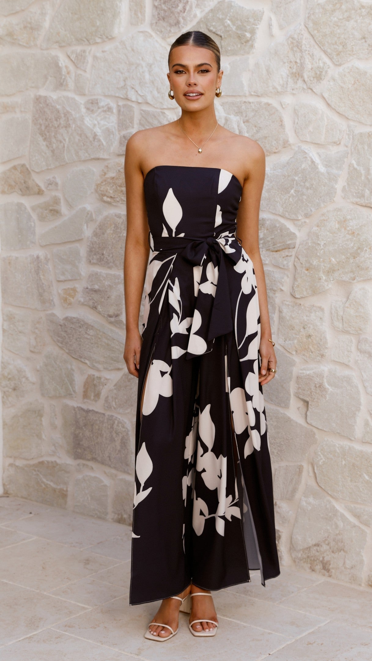 Carson Front Split Strapless Jumpsuit - Black Floral