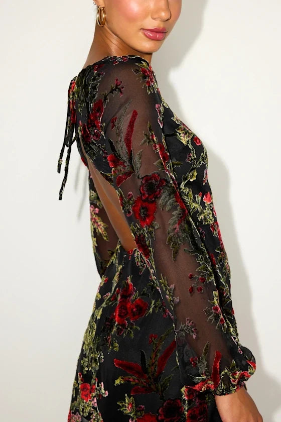 Marwella Black Burnout Velvet Backless Long Sleeve Mini Dress